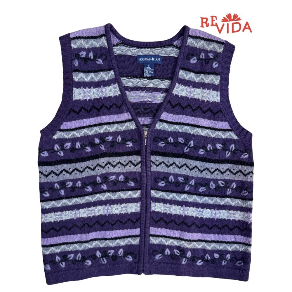 Vintage Purple Pattered Striped Sweater Vest with Zipper - Picture 1 of 5